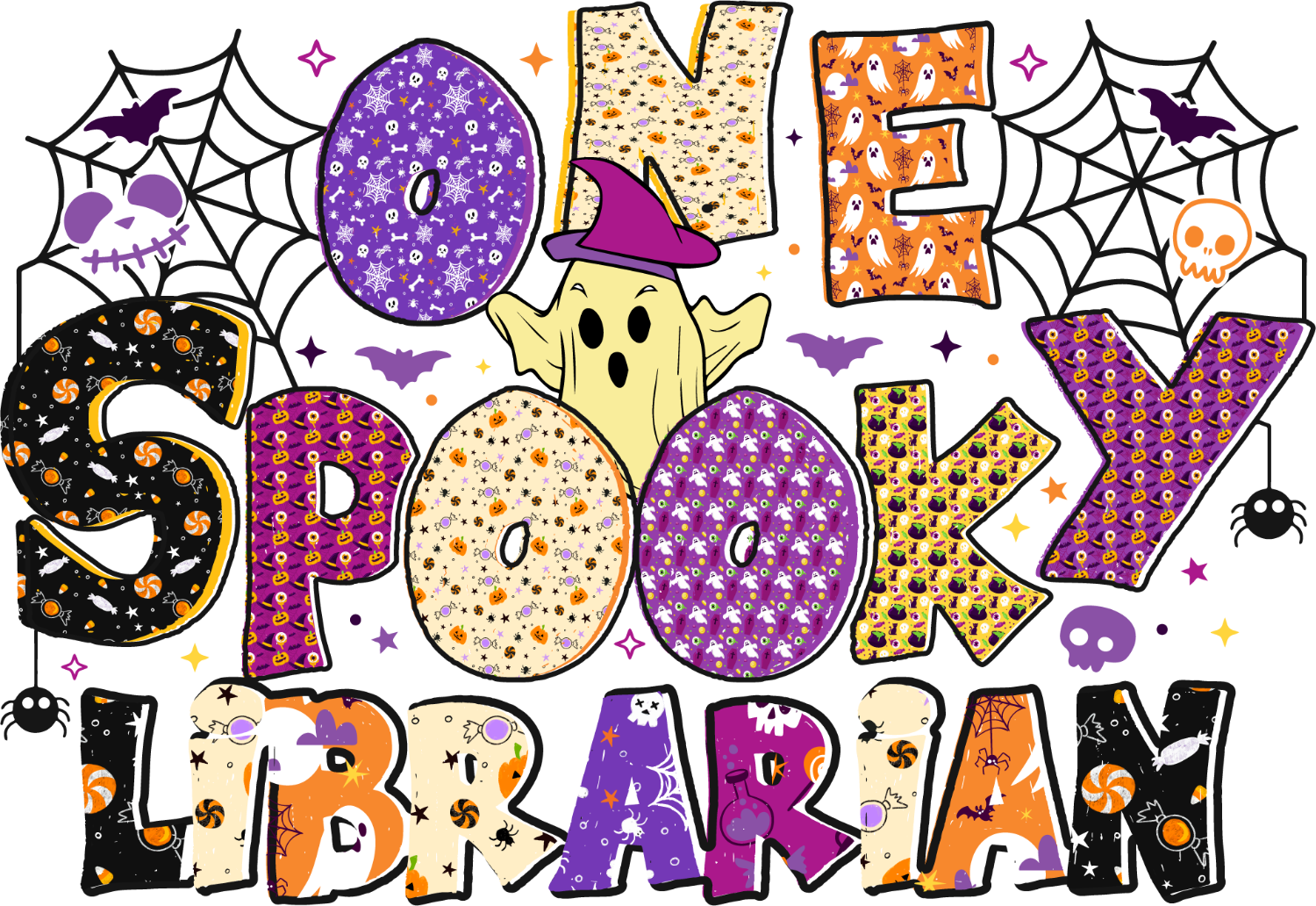 Ready to press DTF transfer featuring colorful Halloween spooky boo design with ghost, spiderwebs, bats, and festive text.