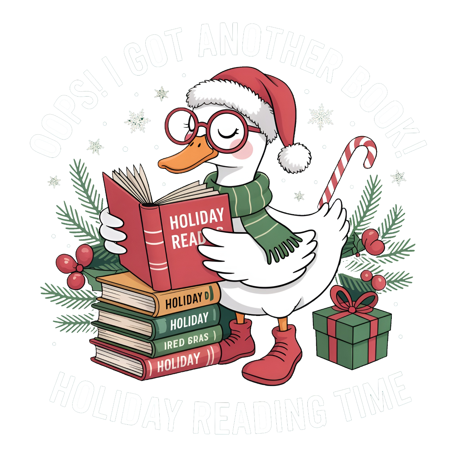 Cartoon duck wearing Santa hat and glasses holding holiday books, ready to press dtf transfer with festive design