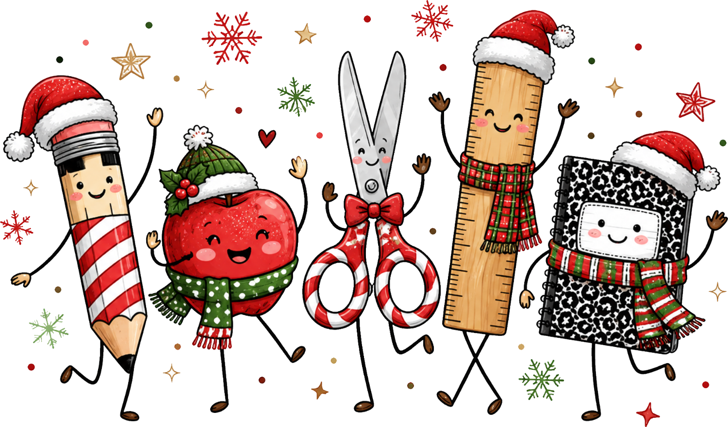 Five cheerful craft supply characters wearing Santa hats and festive scarves, ready to press dtf transfer with snowflakes and stars.