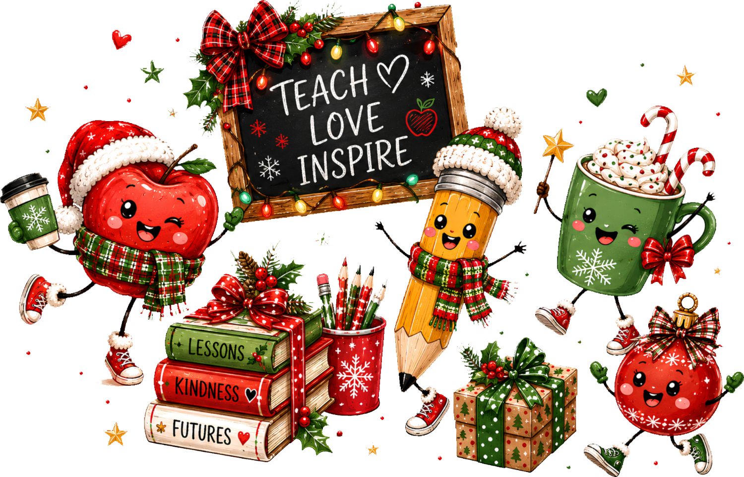 Colorful Christmas teacher DTF transfer with smiling apple, pencil, mug characters, books, and chalkboard saying 'Teach Love Inspire' ready to press dtf transfer