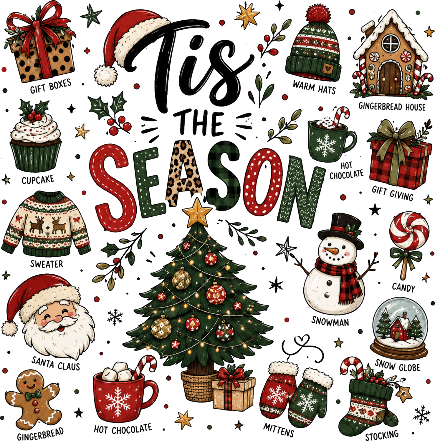 Colorful 'Tis the Season Christmas collage ready to press dtf transfer with holiday icons and festive designs