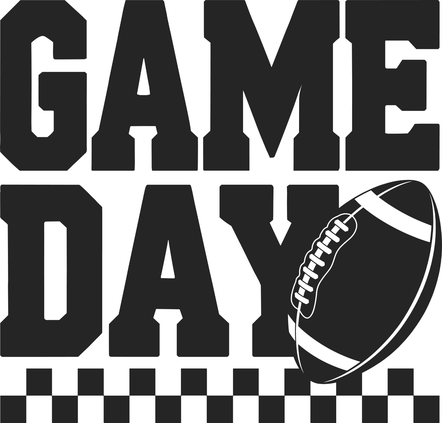 Black and white Game Day Football DTF transfer with football graphic and checkered pattern, ready to press dtf transfer