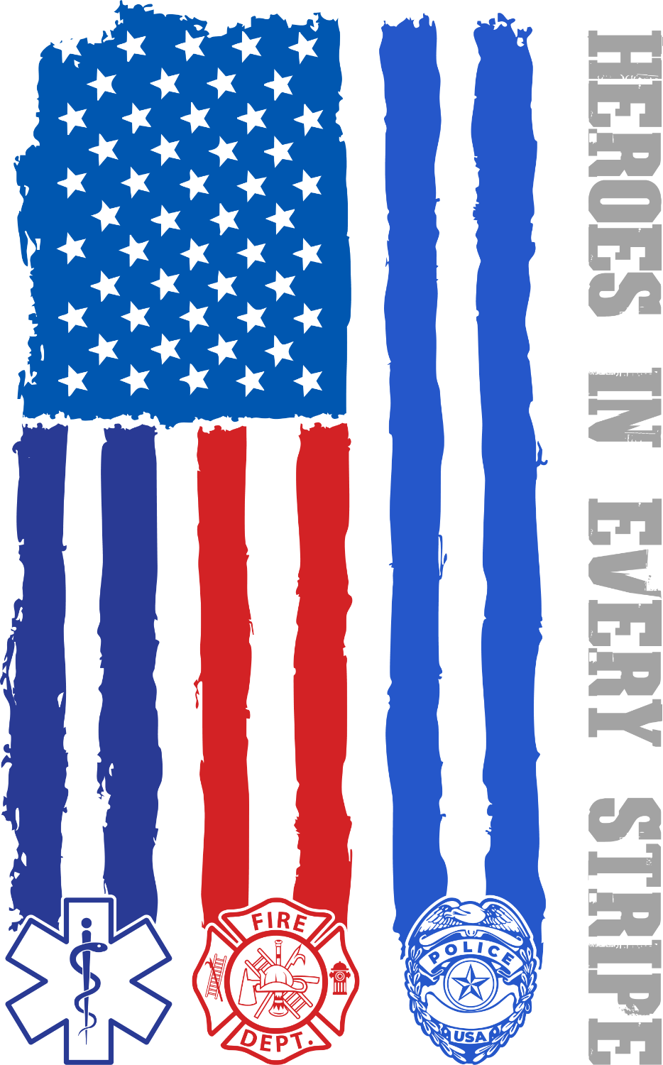 Distressed American flag with firefighter, EMT, and police badges ready to press dtf transfer
