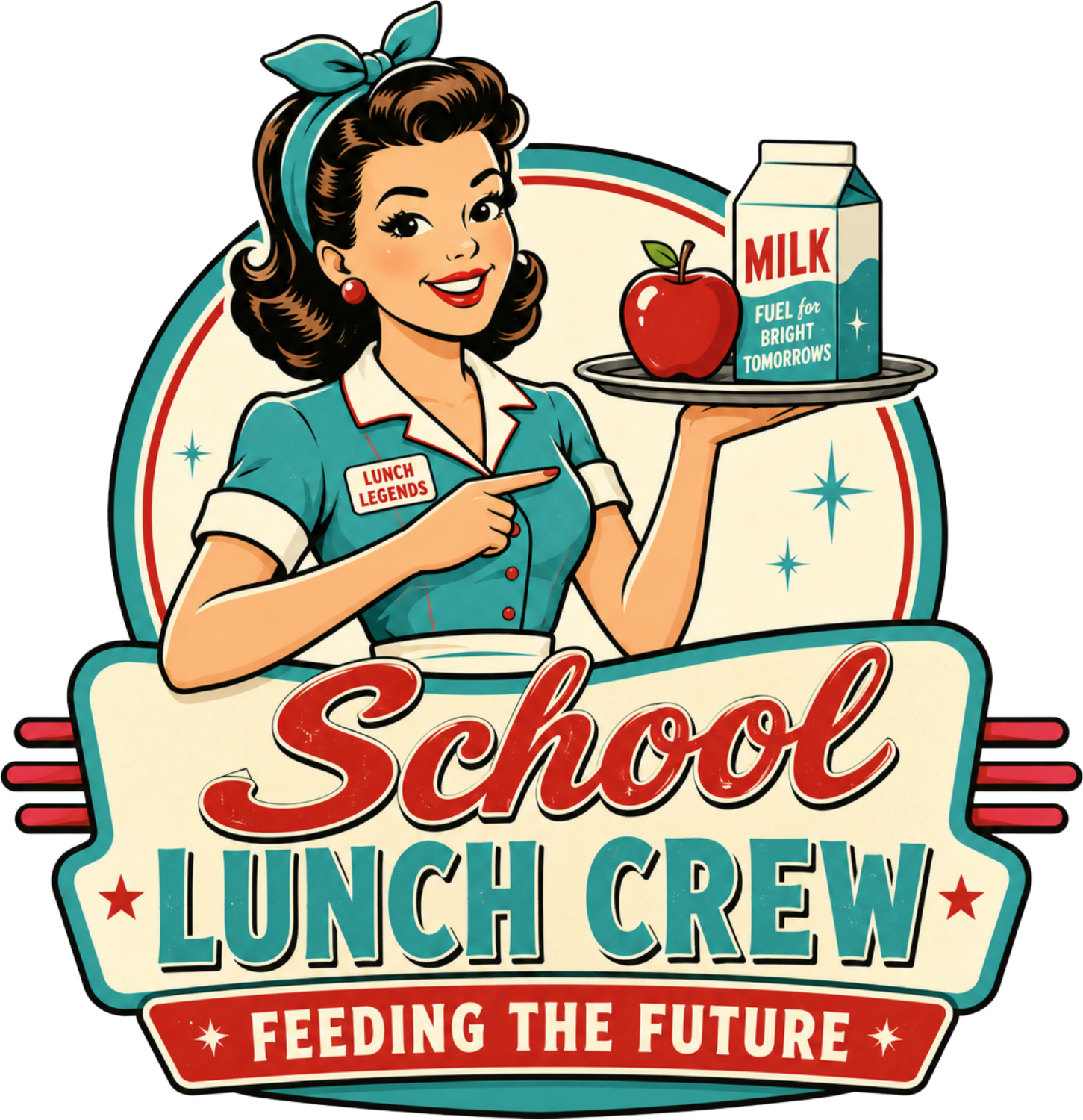 Vintage retro 1950s style illustration of a smiling woman in teal uniform holding milk and apple, ready to press dtf transfer