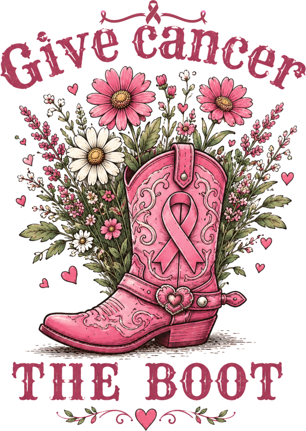 Pink cowboy boot with breast cancer ribbon design surrounded by wildflowers, ready to press dtf transfer