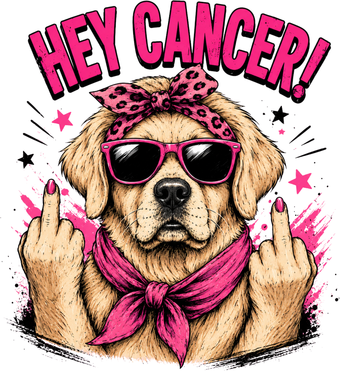 Sassy golden retriever wearing pink sunglasses and bandana flipping middle fingers with 'Hey Cancer!' text, ready to press dtf transfer