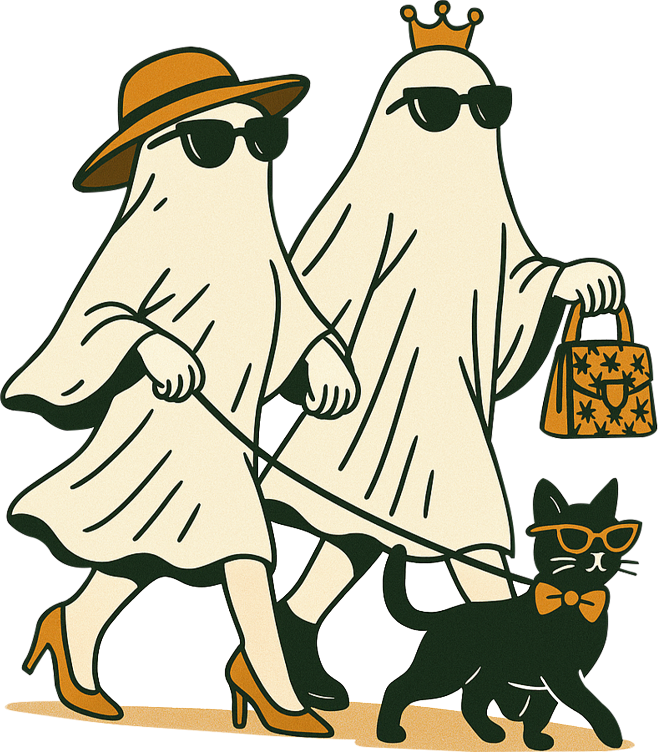 Two fashionable ghosts wearing sunglasses and orange accessories with a cat, ready to press dtf transfer design
