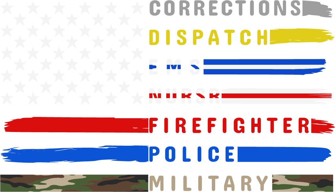 First responders dispatch DTF transfer with police blue, firefighter red, and military camouflage stripes ready to press dtf transfer