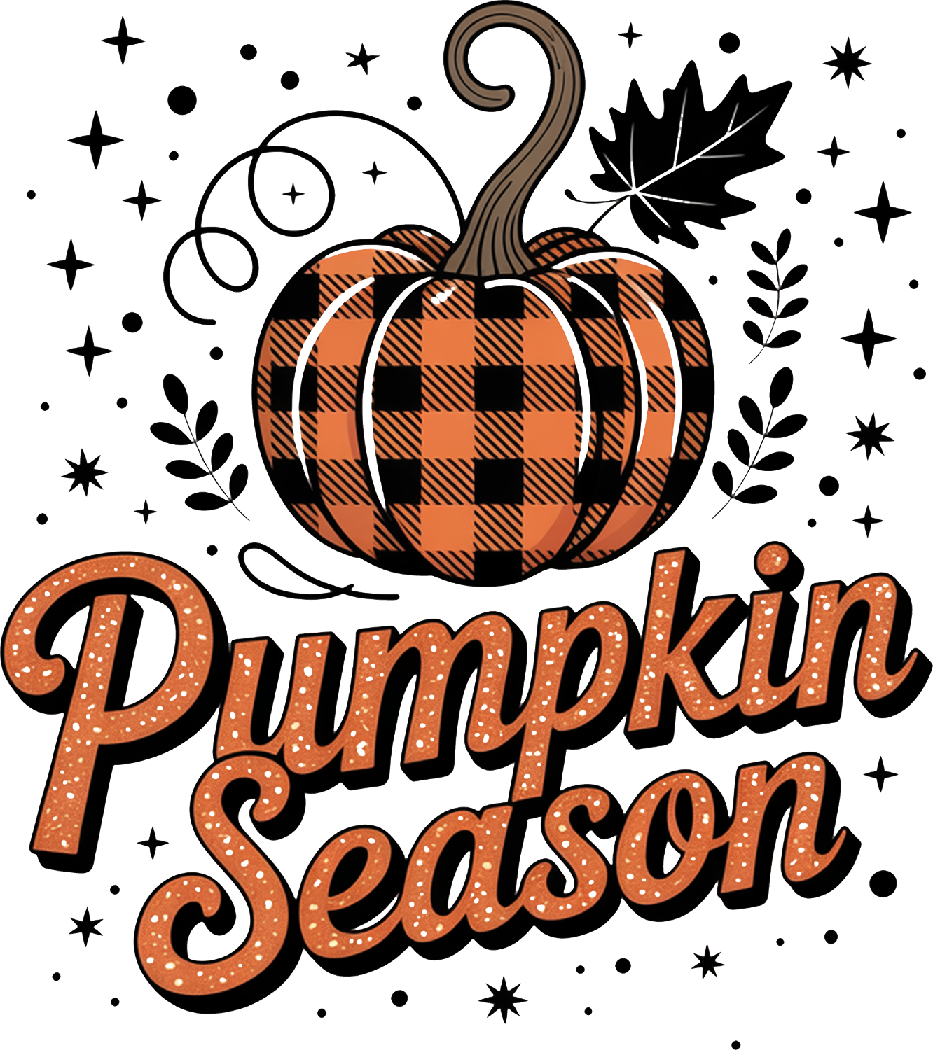 Orange and black buffalo plaid pumpkin with curly stem and maple leaf, ready to press dtf transfer