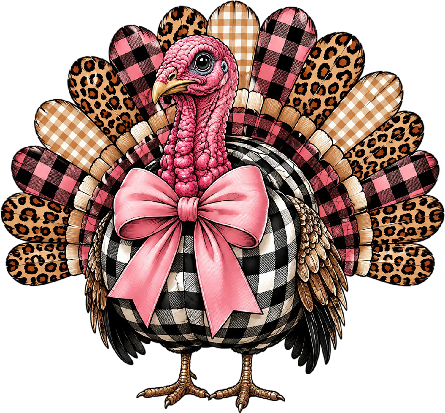 Pink plaid turkey with leopard print feathers and pink bow, ready to press dtf transfer