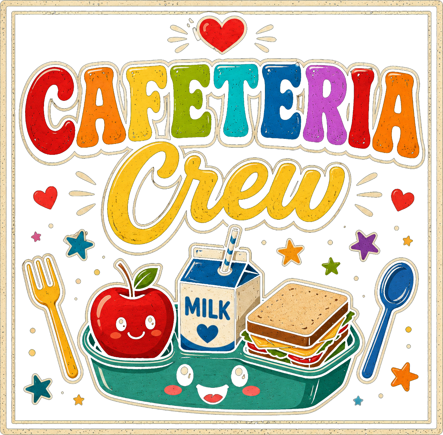 Colorful Cafeteria Crew lunch box design with happy food characters, ready to press dtf transfer for school apparel