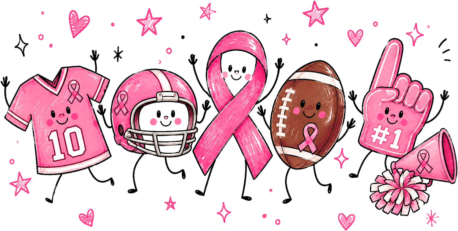 Cartoon characters in pink holding football, foam finger, and ribbon symbol, ready to press dtf transfer