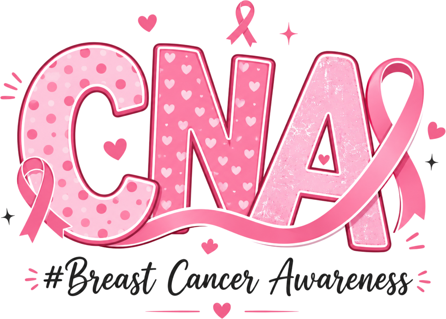 Pink breast cancer awareness design with CINA text, ribbons, and hearts ready to press dtf transfer