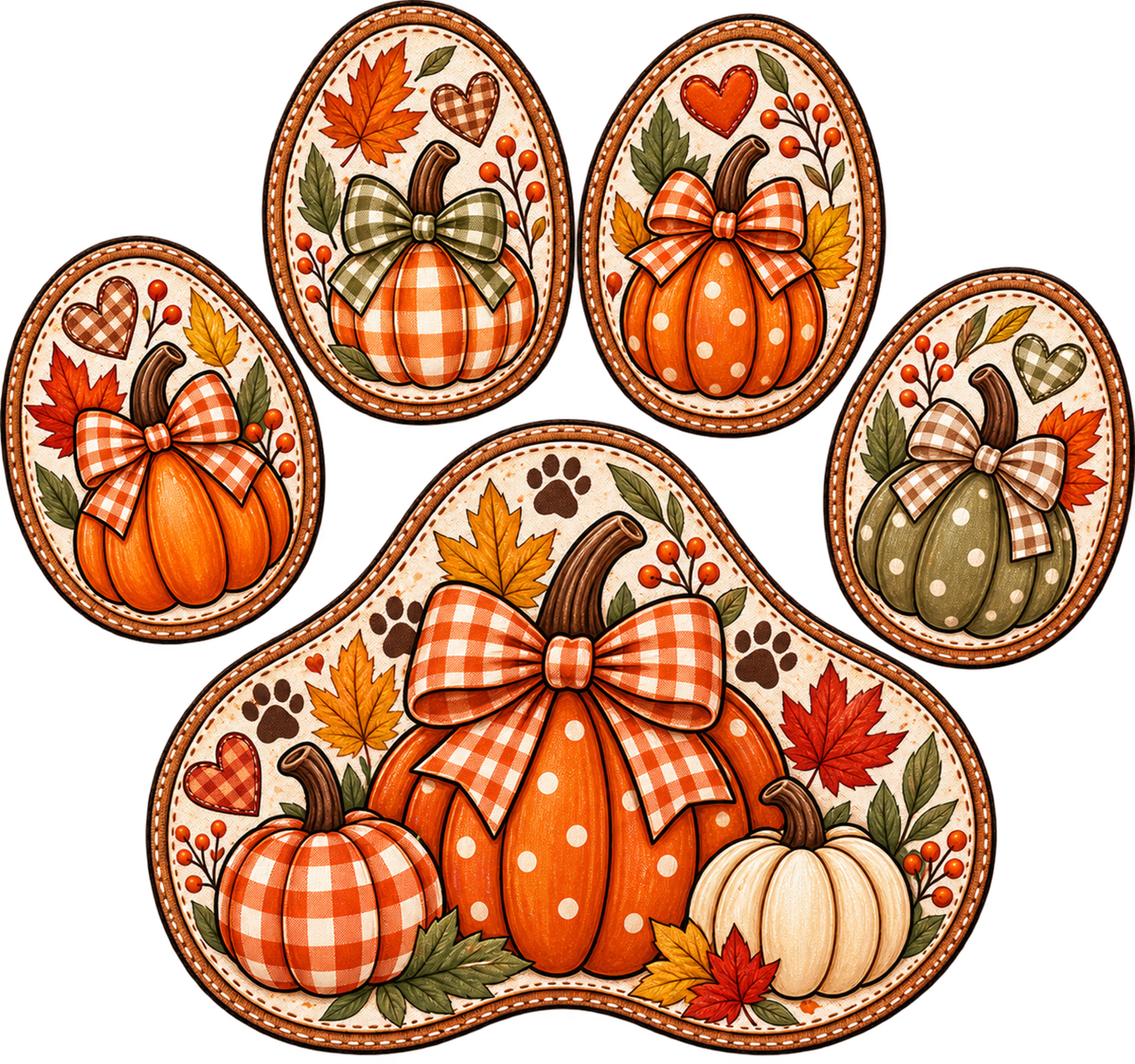Ready to press DTF transfer featuring five paw-shaped designs with festive pumpkins, plaid bows, and autumn leaves in warm orange and cream tones.