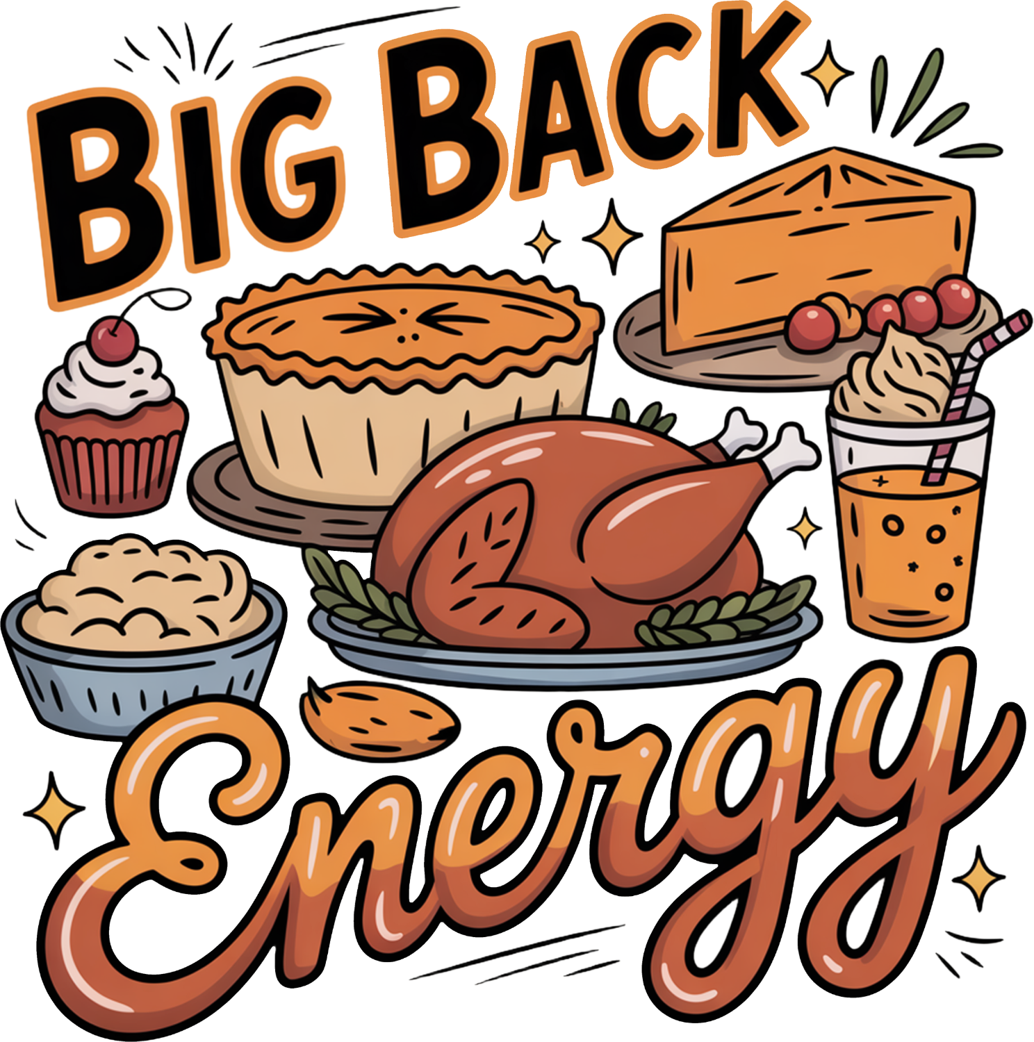 Colorful retro-style food illustration with turkey, pies, and cupcakes, ready to press dtf transfer