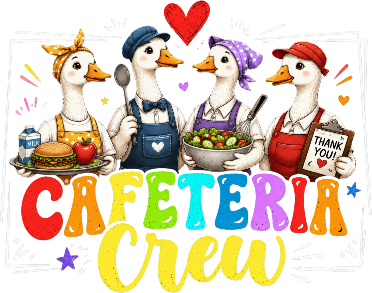 Four cartoon ducks wearing colorful chef hats and aprons with food items, ready to press dtf transfer