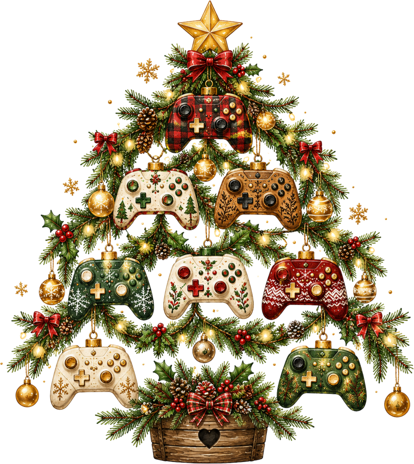 Gaming controller Christmas tree design with plaid controllers, gold ornaments, pine garland and star - ready to press dtf transfer