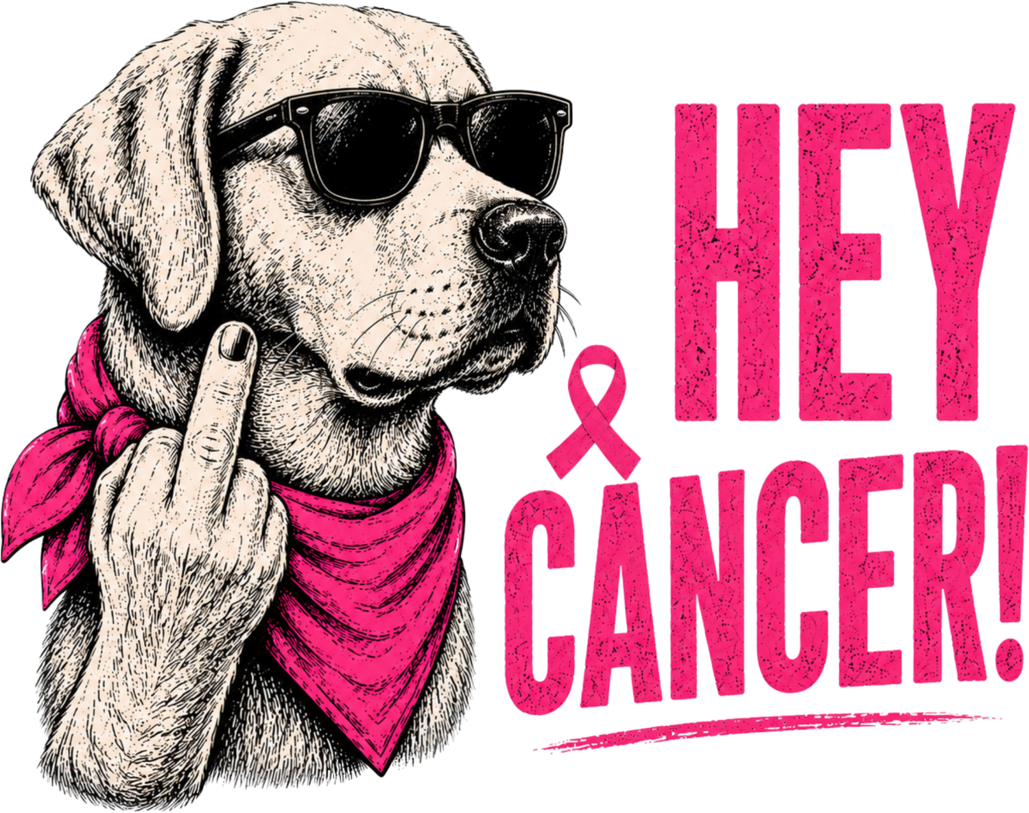 Cool dog wearing sunglasses and pink bandana with pink ribbon symbol, ready to press dtf transfer