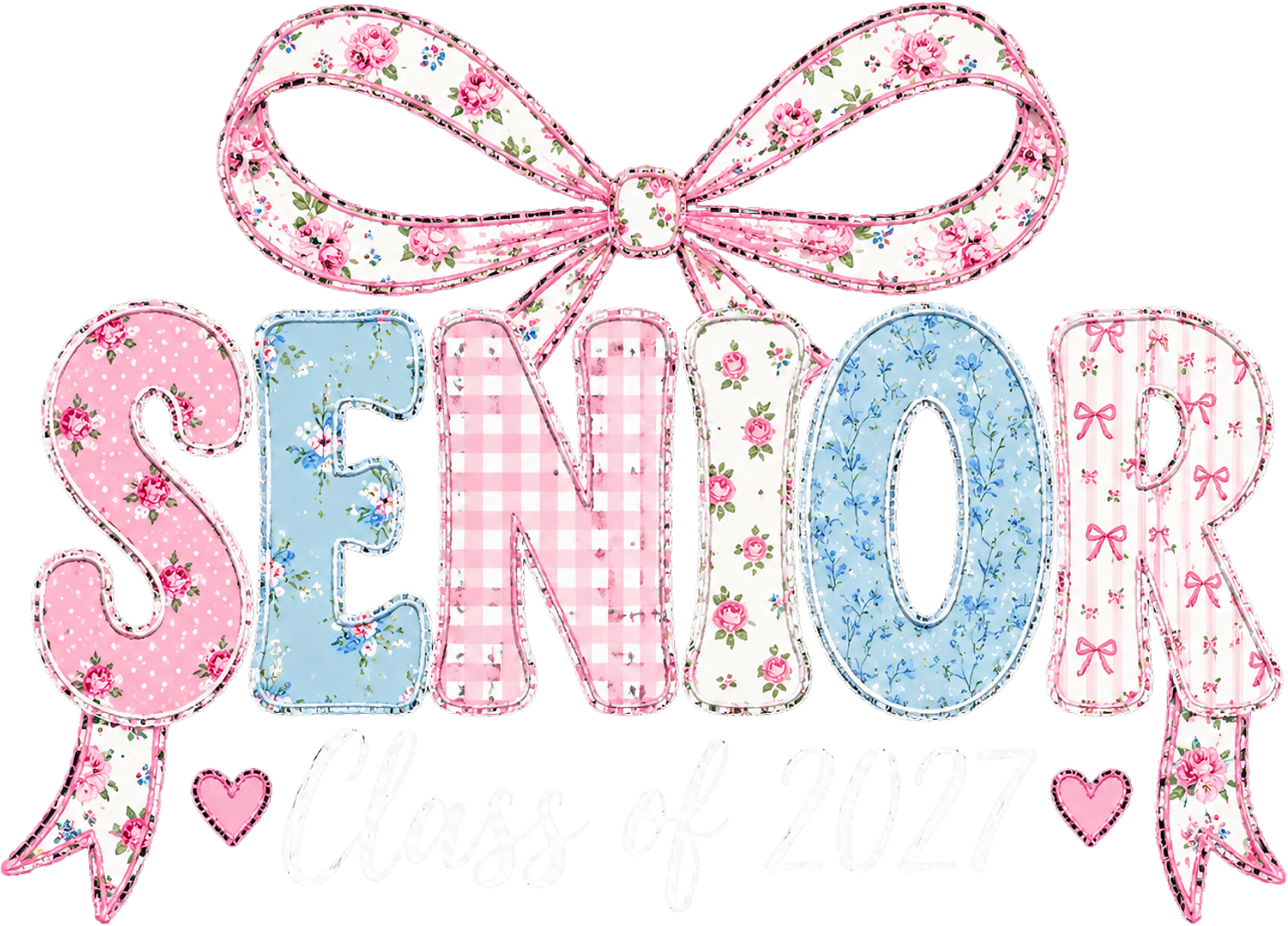 Senior Floral Bow ready to press dtf transfer with pink flowers, blue accents, gingham, and decorative ribbon bows.