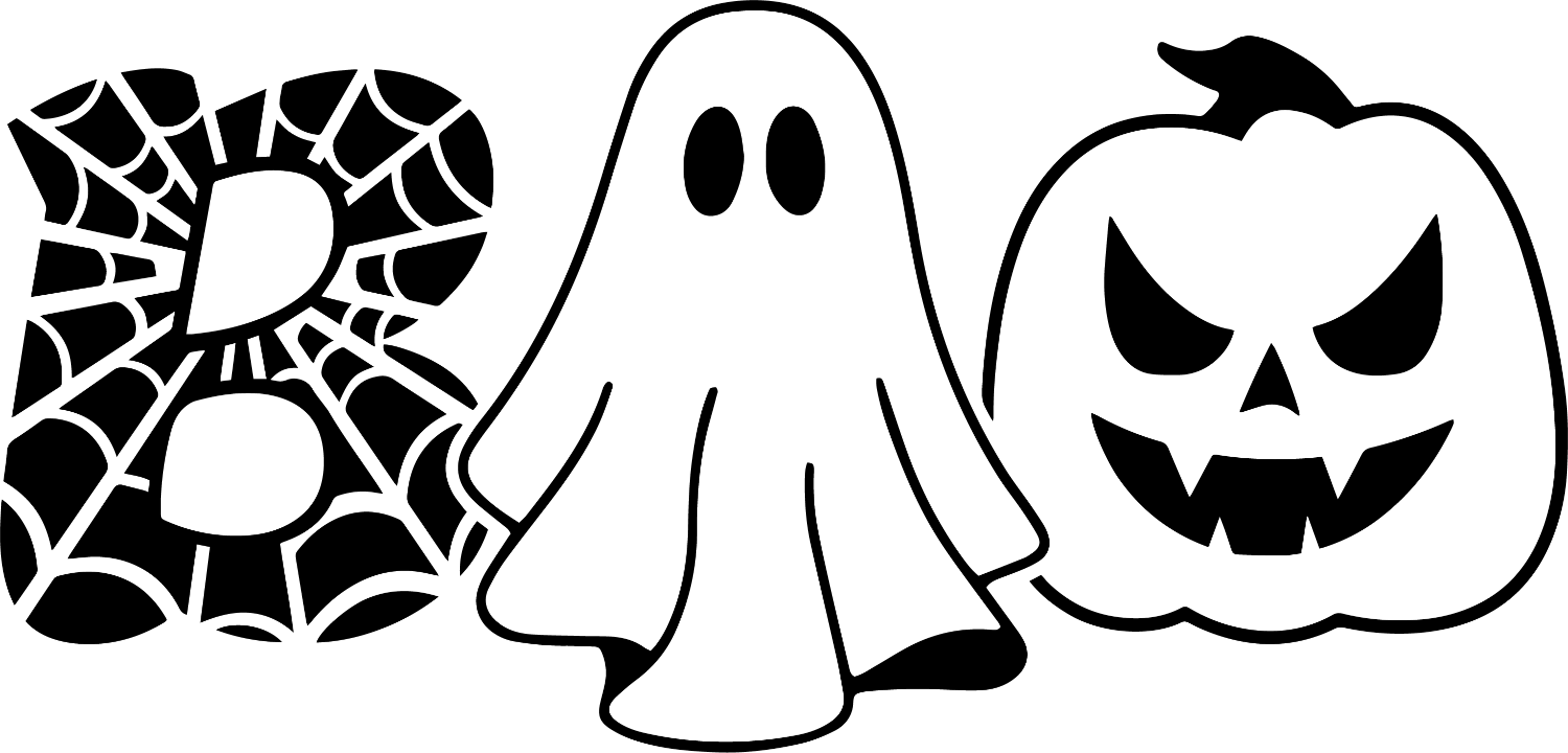 Three spooky Halloween characters in black and white line art: spider web design, friendly ghost, and smiling jack-o-lantern, ready to press dtf transfer