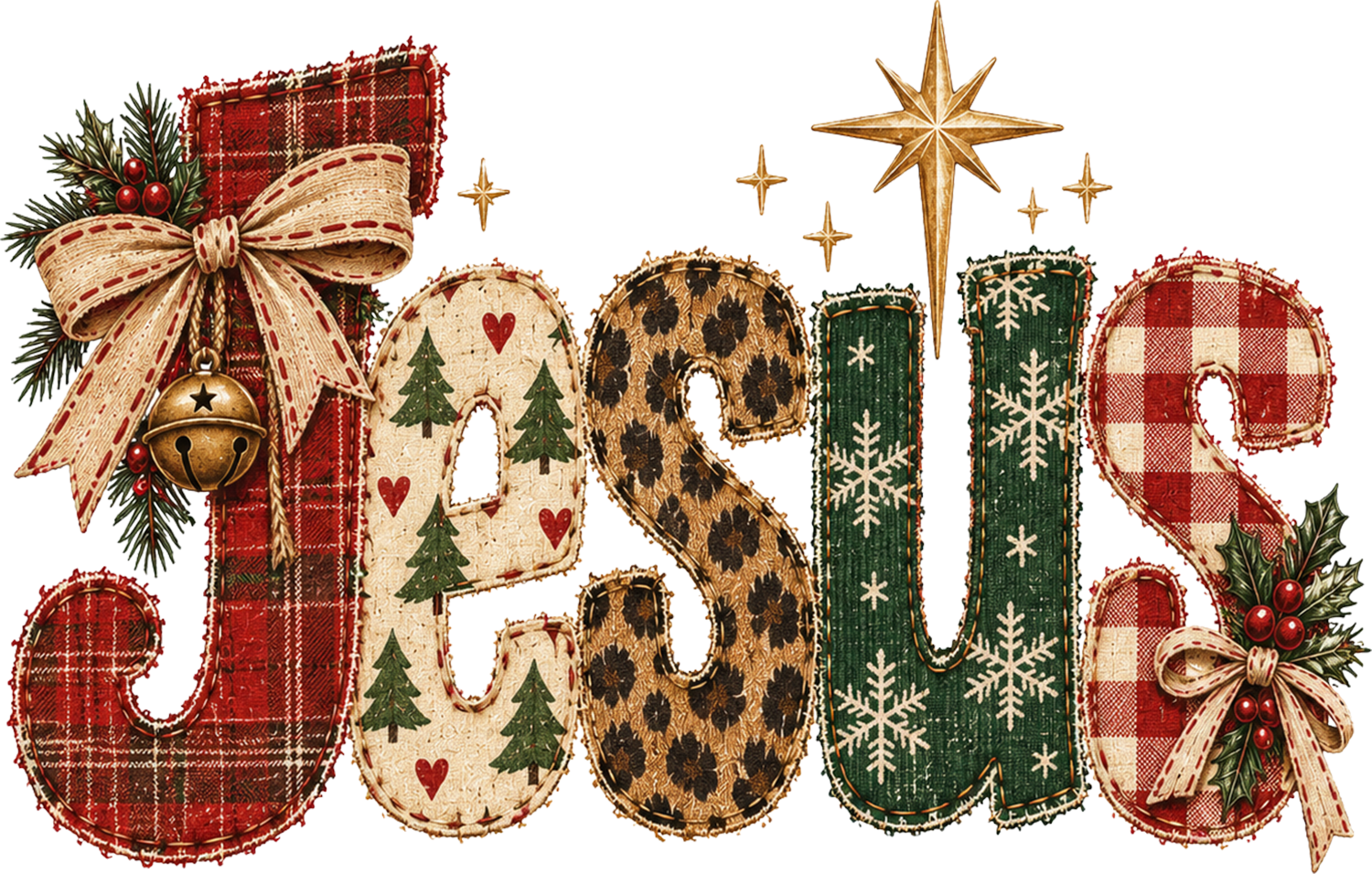 Colorful 'Joyful' Christmas letters with plaid, leopard, and snowflake patterns, ready to press dtf transfer.