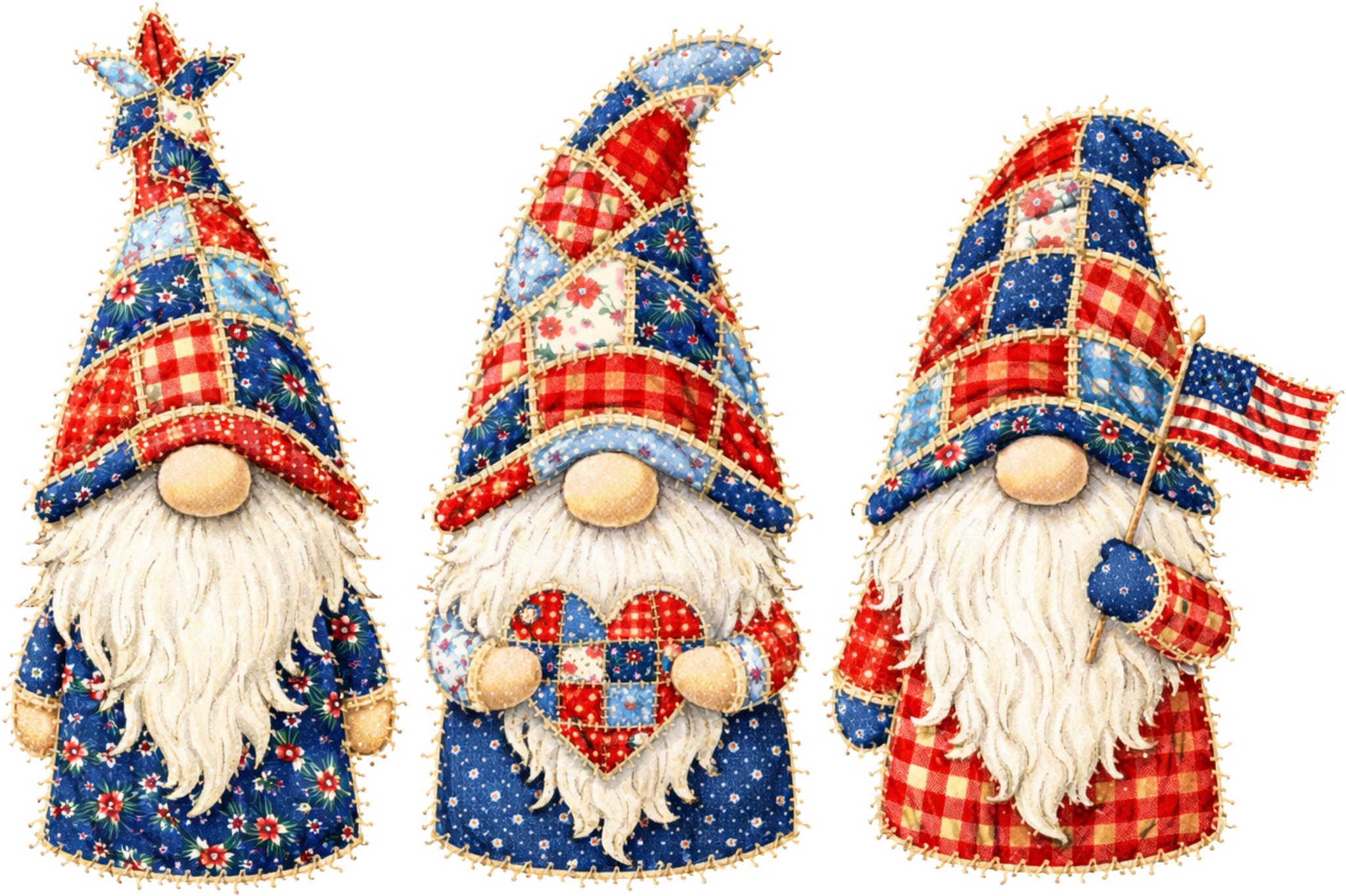 Patchwork Faux Quilted Patriotic Gnomes DTF Transfer