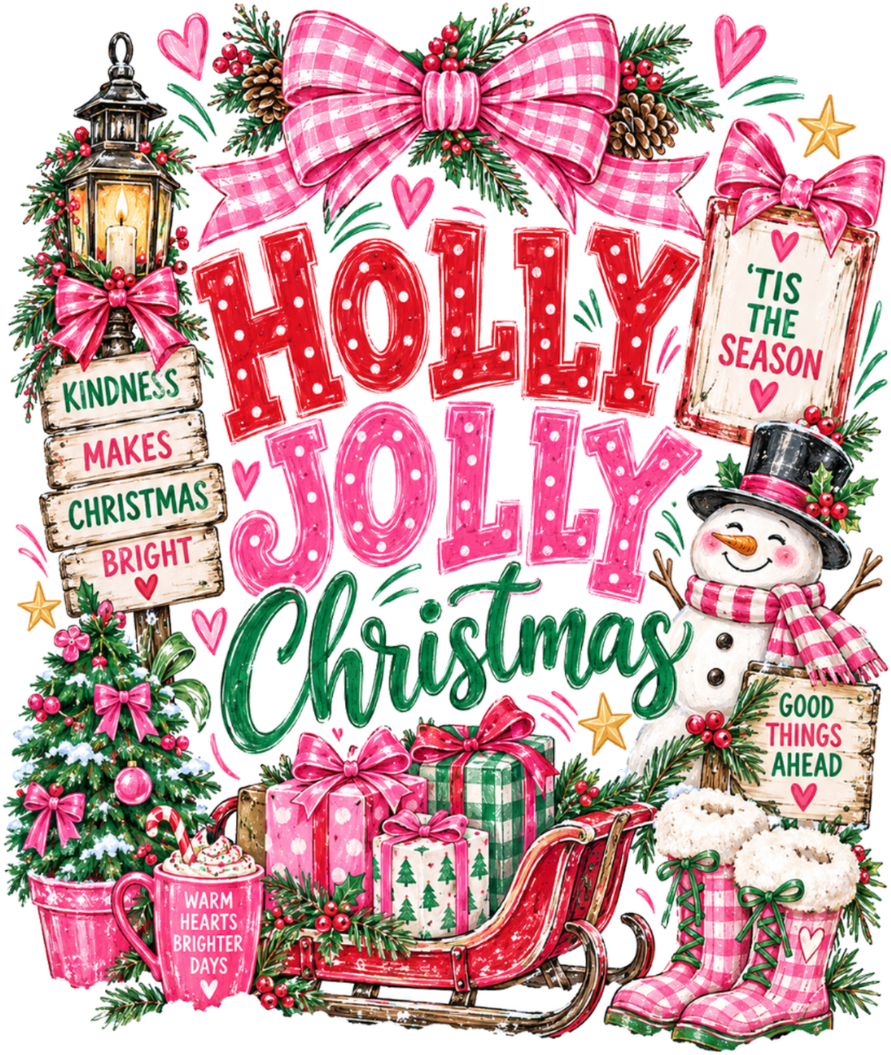 Holly Jolly Christmas design with pink gingham bows, snowman, and festive lettering—ready to press dtf transfer.