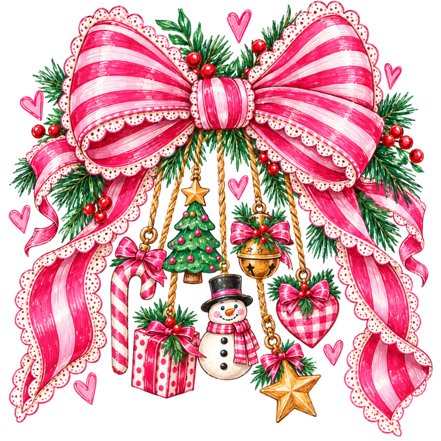 Pink striped bow with lace trim, Christmas ornaments, snowman, and candy cane—ready to press dtf transfer
