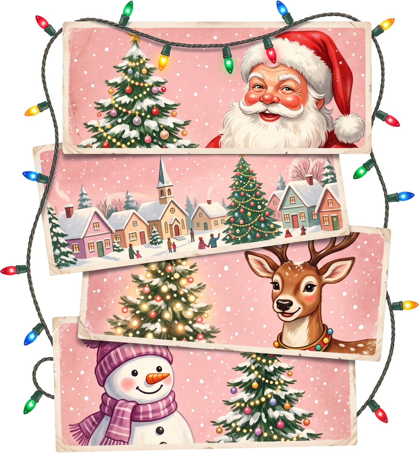 Vintage Christmas collage ready to press dtf transfer with Santa, reindeer, snowman, village and colorful string lights on pink background