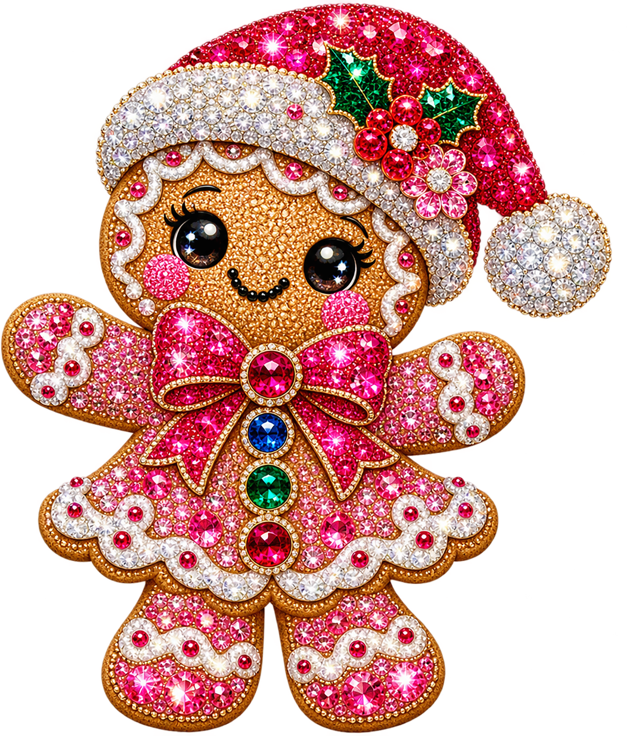 Sparkly gingerbread girl wearing Santa hat with pink and white glitter, jeweled bow, ready to press dtf transfer