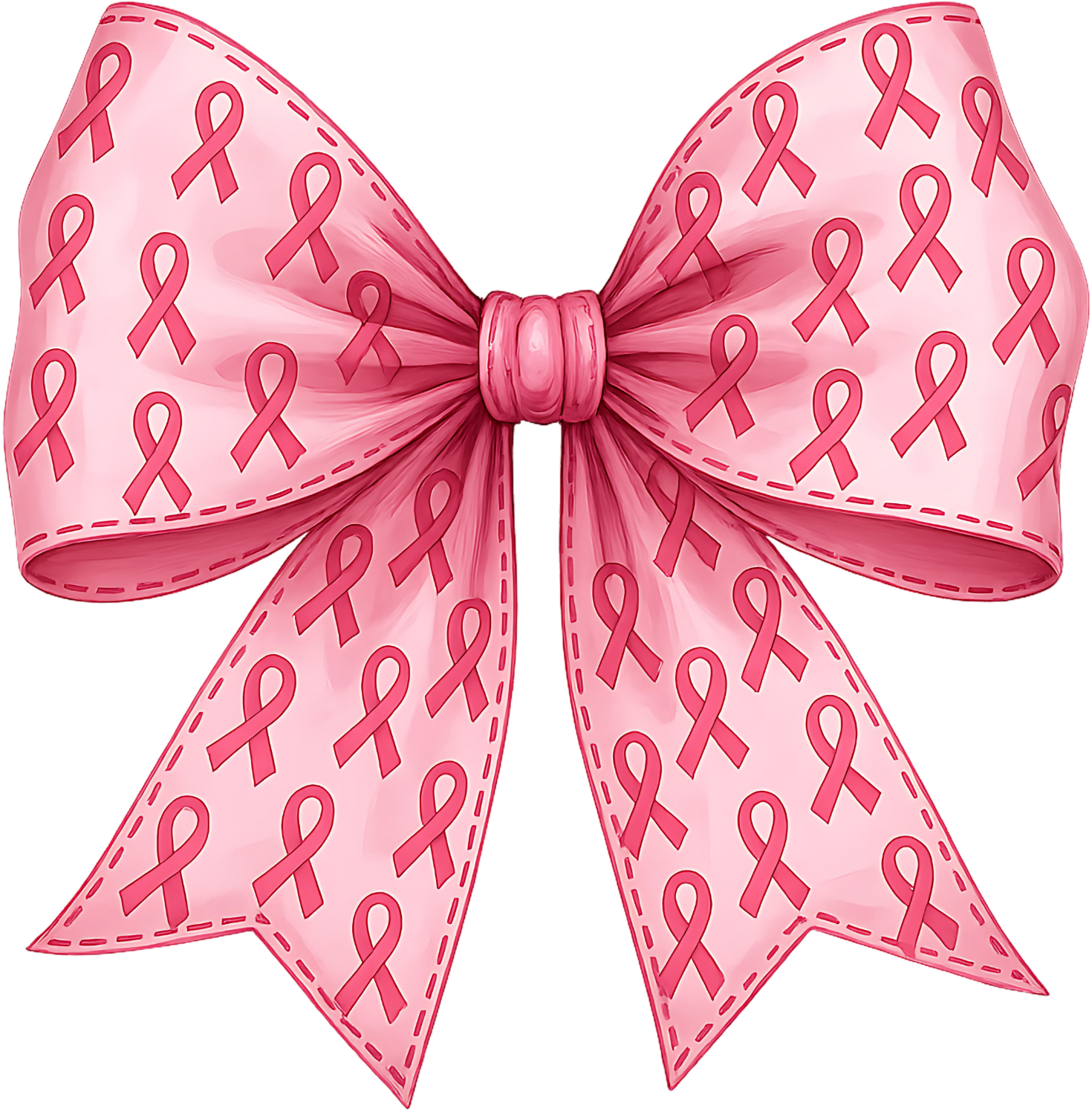 Pink bow with repeated breast cancer awareness ribbons, ready to press dtf transfer design