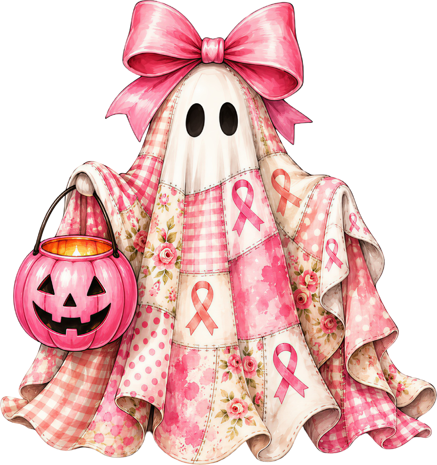 Ready to press DTF transfer featuring a ghost in pink plaid and floral fabric with pink ribbon symbols and matching bow.