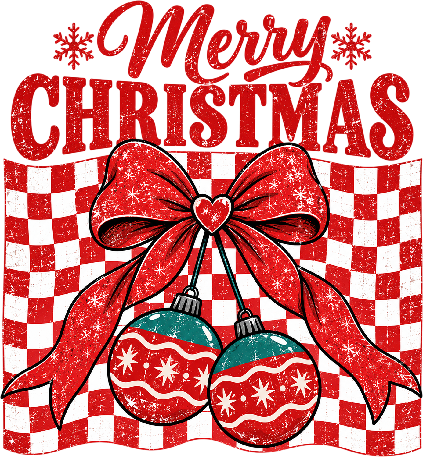 Red and white checkered Merry Christmas design with large red bow and festive ornaments, ready to press dtf transfer