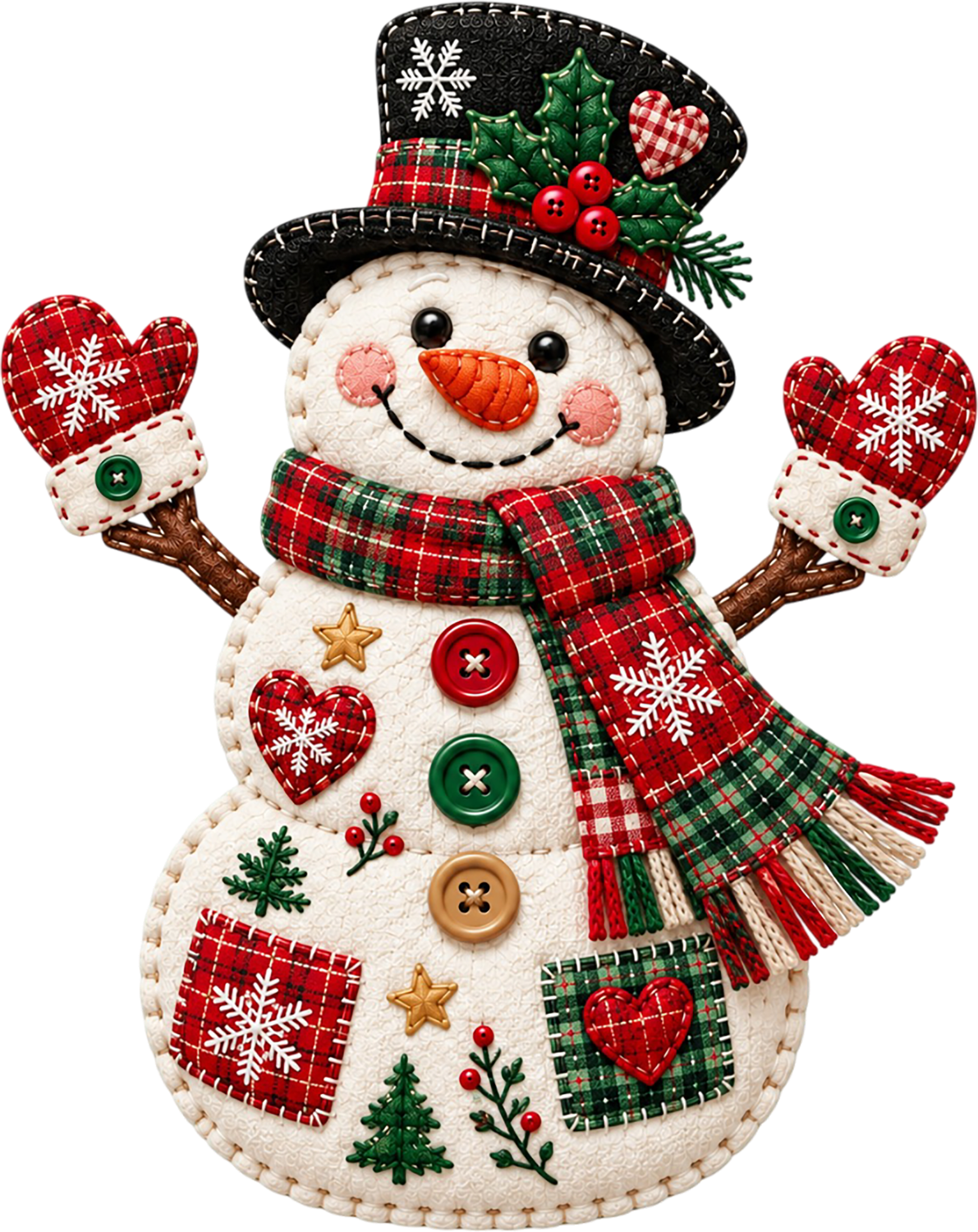 Cheerful snowman with black top hat, plaid scarf, and red mittens holding hearts—ready to press dtf transfer.