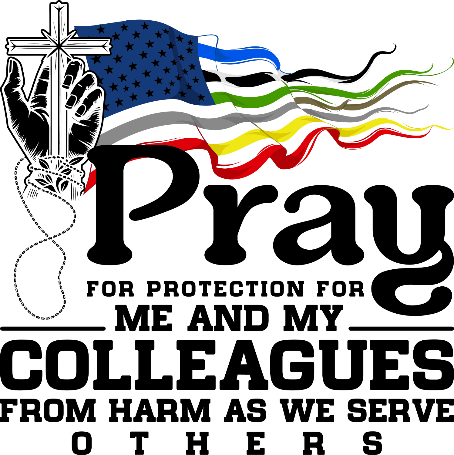 Patriotic prayer design with cross, hands, and multicolor flag stripes, ready to press dtf transfer