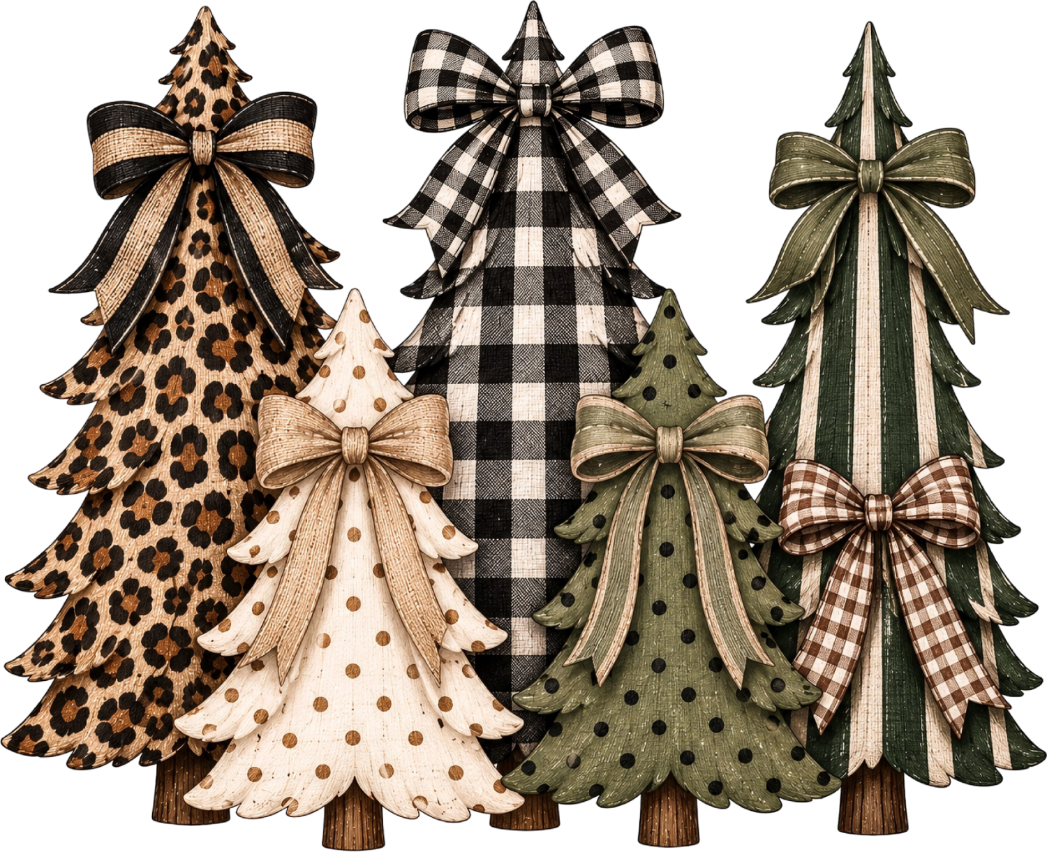 Four decorated Christmas trees with leopard, plaid, polka dot, and gingham patterns with coordinating bows, ready to press dtf transfer