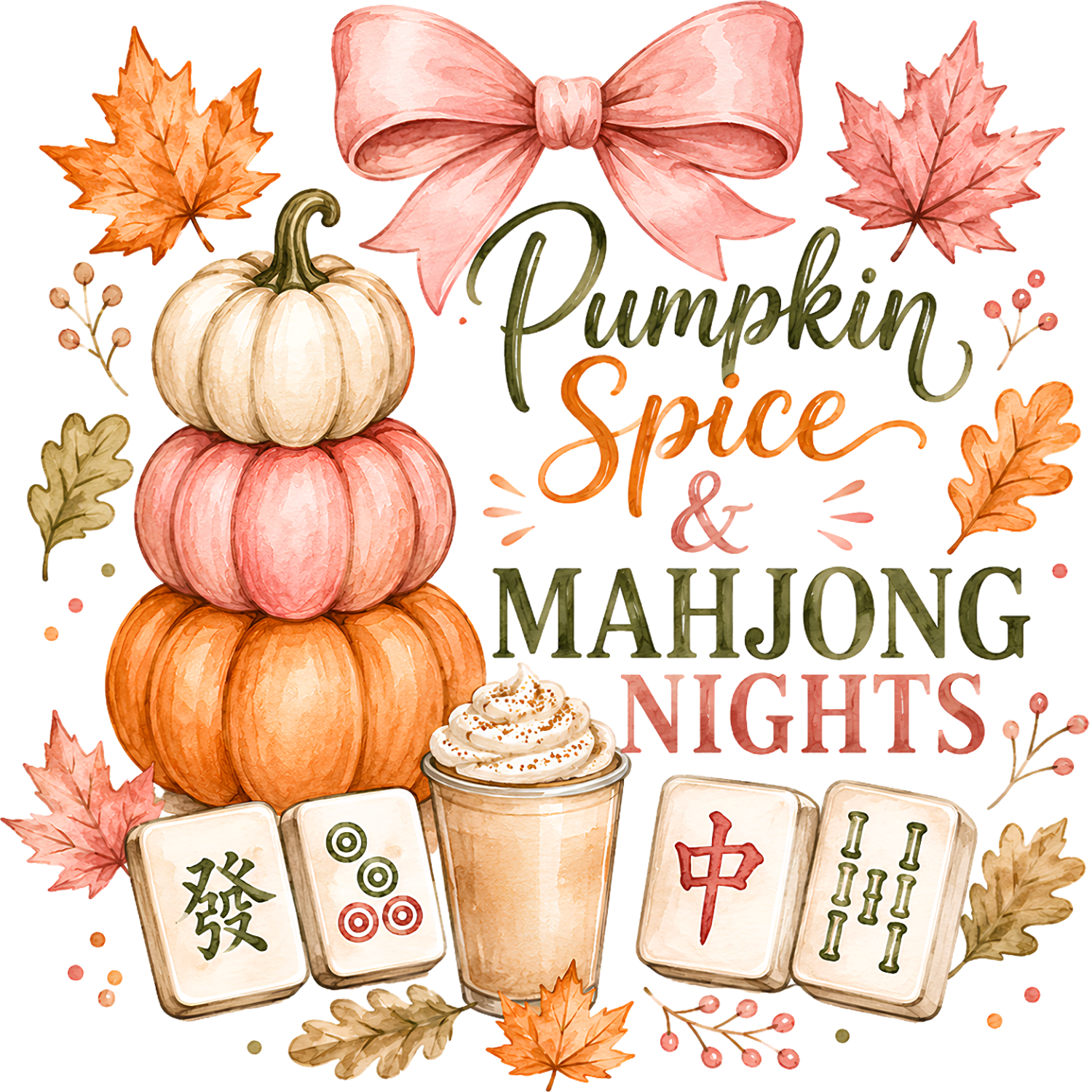 Watercolor pumpkin spice and mahjong nights design with stacked pumpkins, fall leaves, mahjong tiles, and pink bow—ready to press DTF transfer.