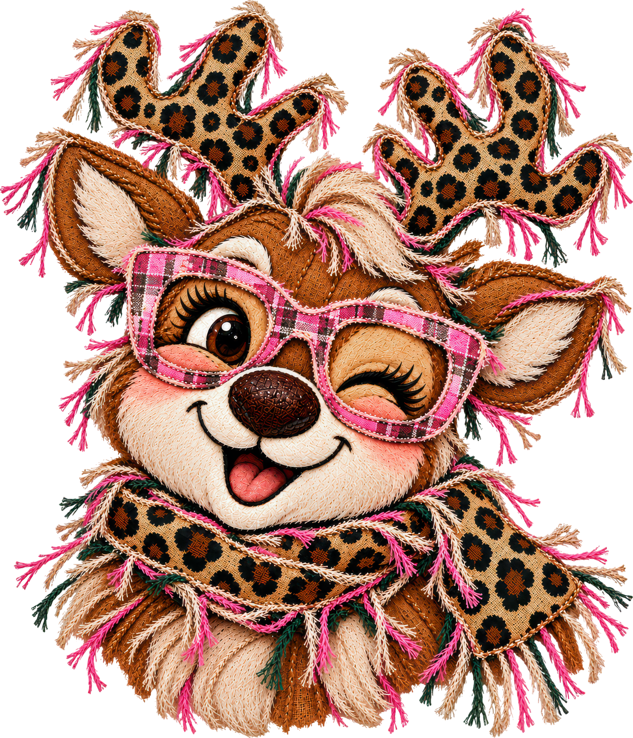 Brown fox wearing hot pink plaid glasses with leopard print accessories, ready to press dtf transfer with tassel details.