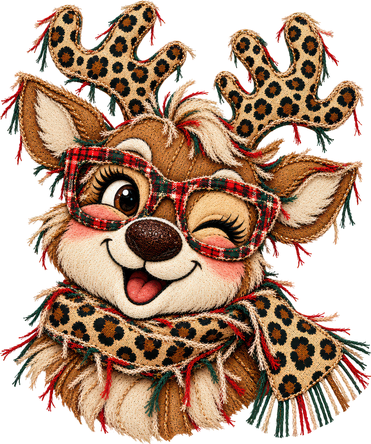 Cute reindeer with leopard antlers wearing red plaid glasses, ready to press dtf transfer design with holiday flair