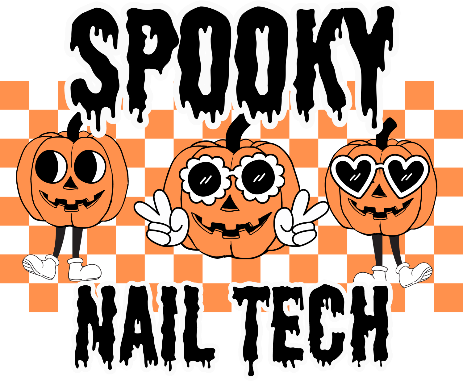 Three cartoon pumpkins with different expressions on checkered background with spooky text, ready to press dtf transfer