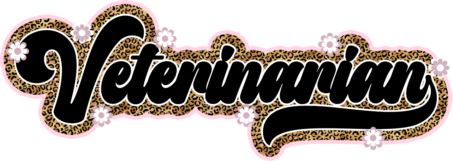 Veterinarian text in elegant script with leopard print border and pink floral details, ready to press dtf transfer