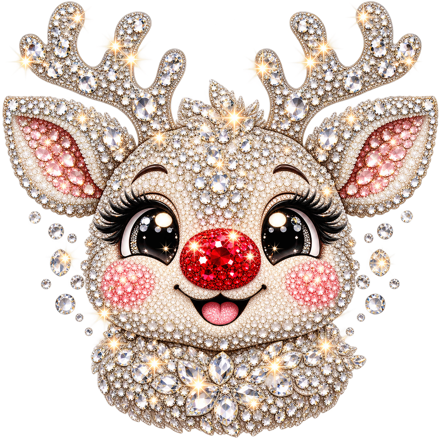 Sparkly reindeer face with red glitter nose and gold antlers, ready to press dtf transfer design