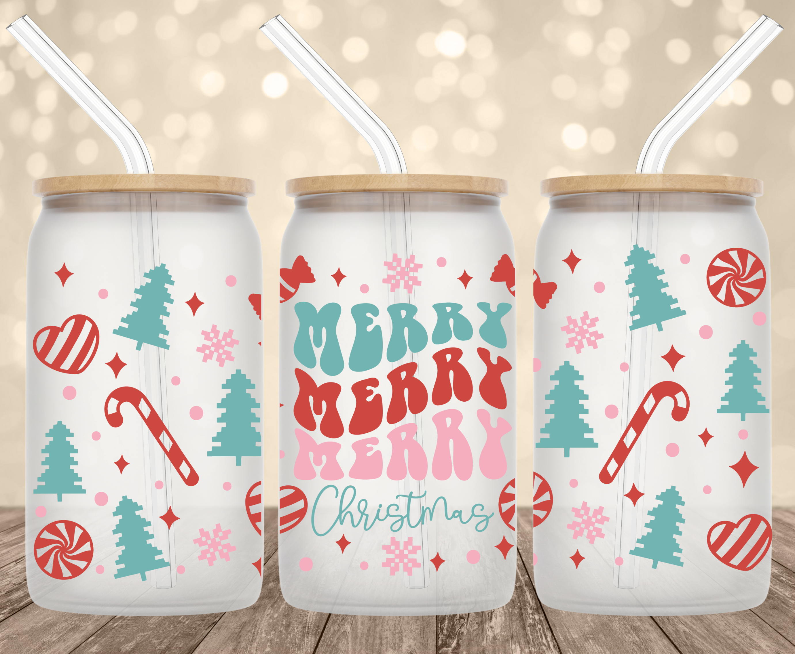 Retro Merry Christmas 16 Oz Glass Can