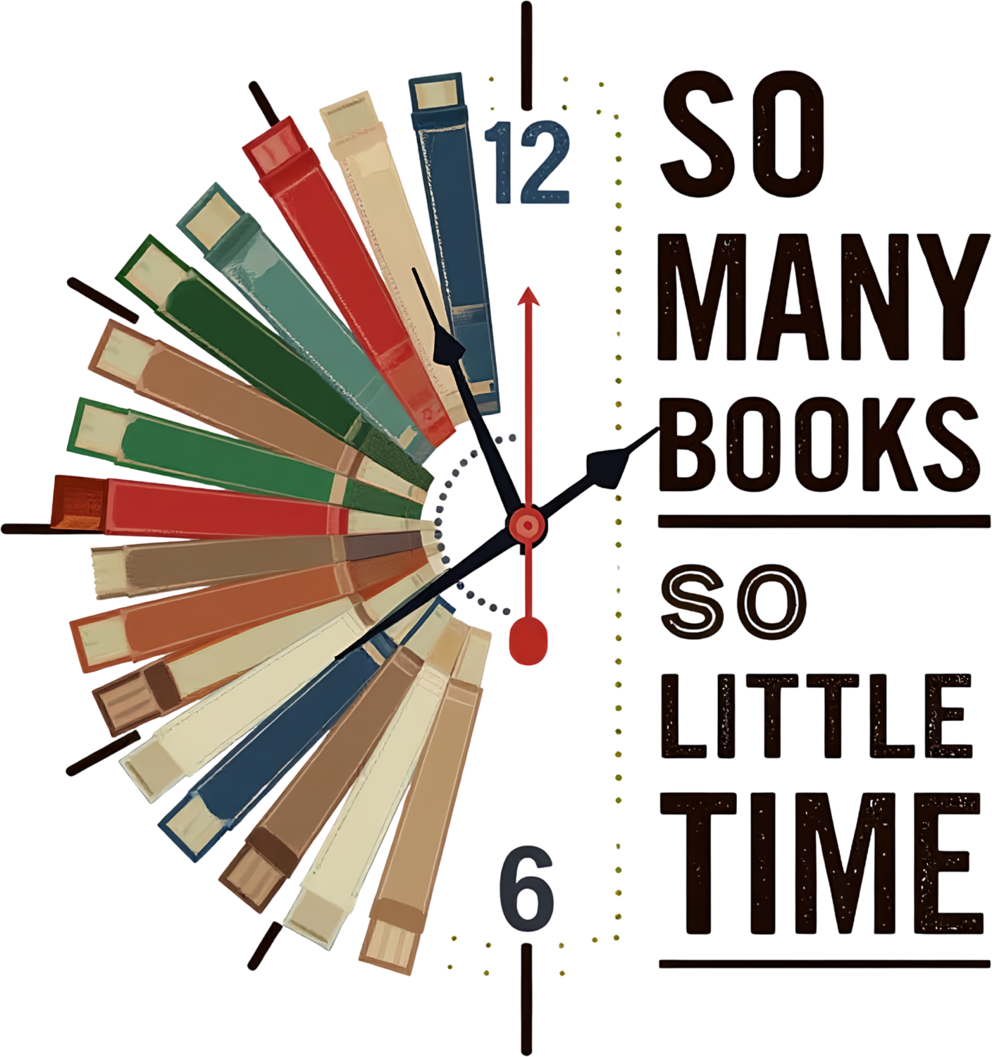 Colorful stacked books arranged in circular clock design showing 12 and 6 with clock hands, ready to press dtf transfer