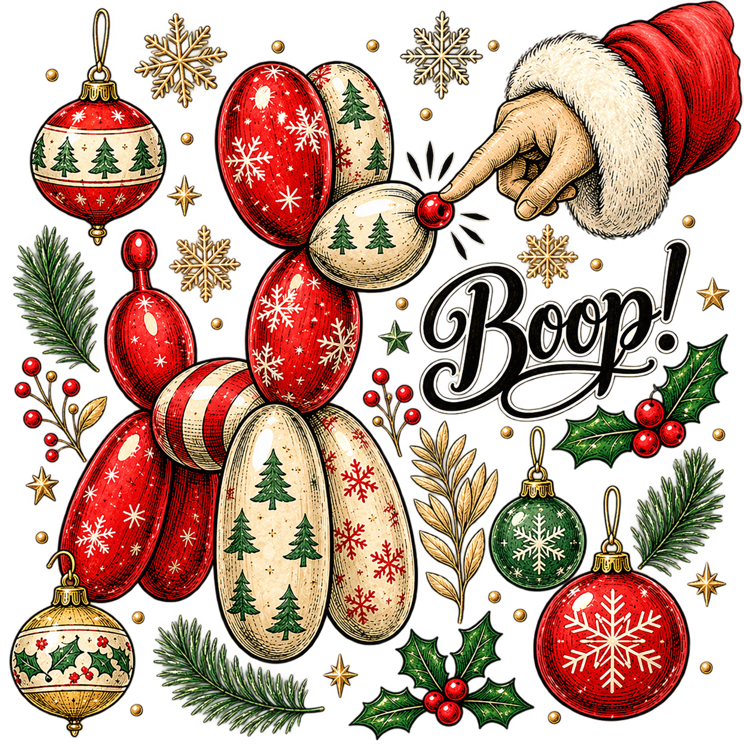 Santa's hand booping a red ornament nose with Christmas ornaments and holly, ready to press dtf transfer