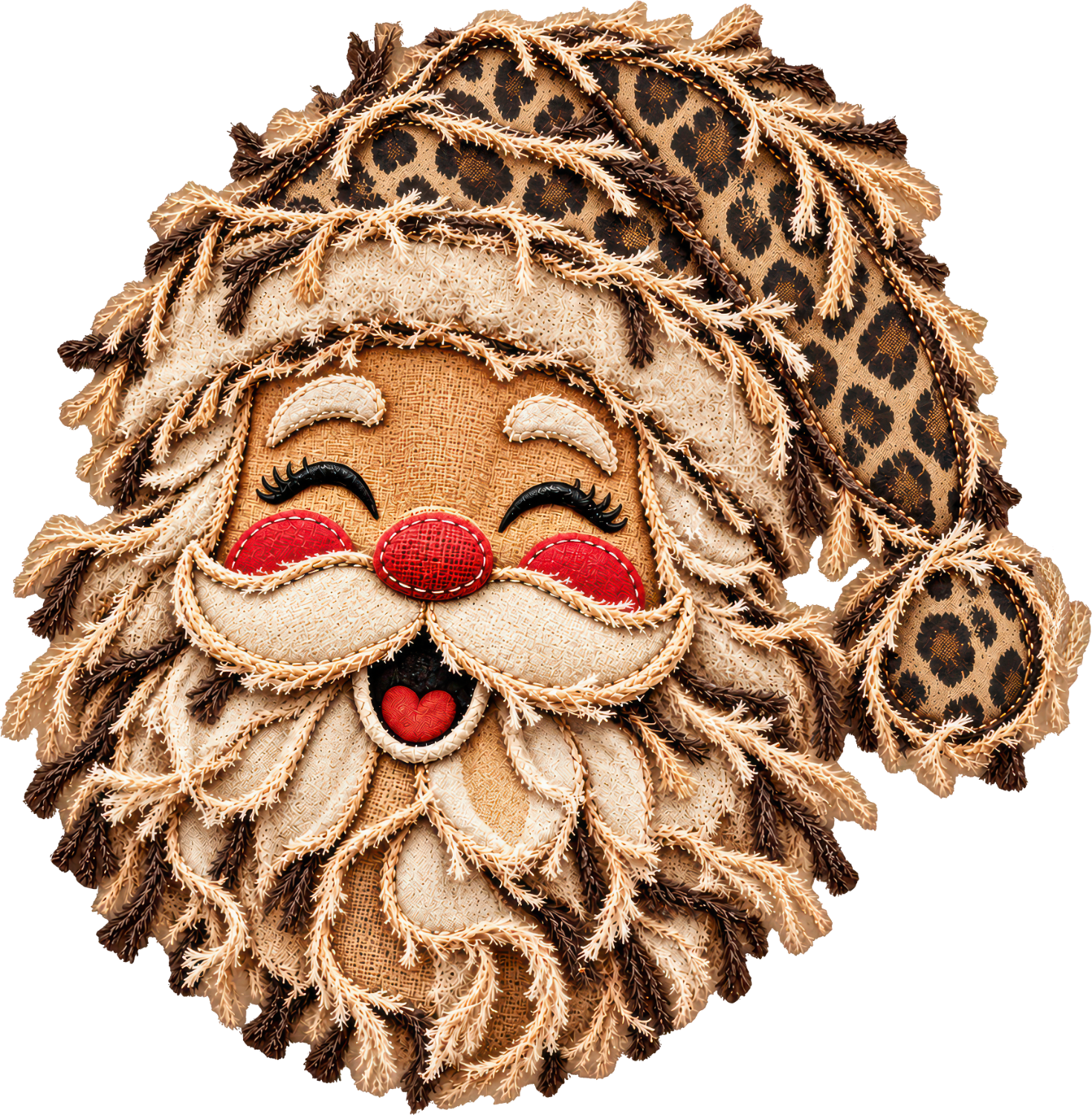 Vintage Santa face with red cheeks and nose, cream beard, leopard print hat—ready to press dtf transfer