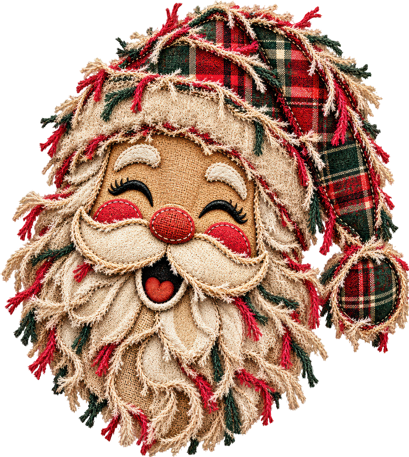 Cheerful Santa face with textured cream beard, red nose, plaid hat, ready to press dtf transfer