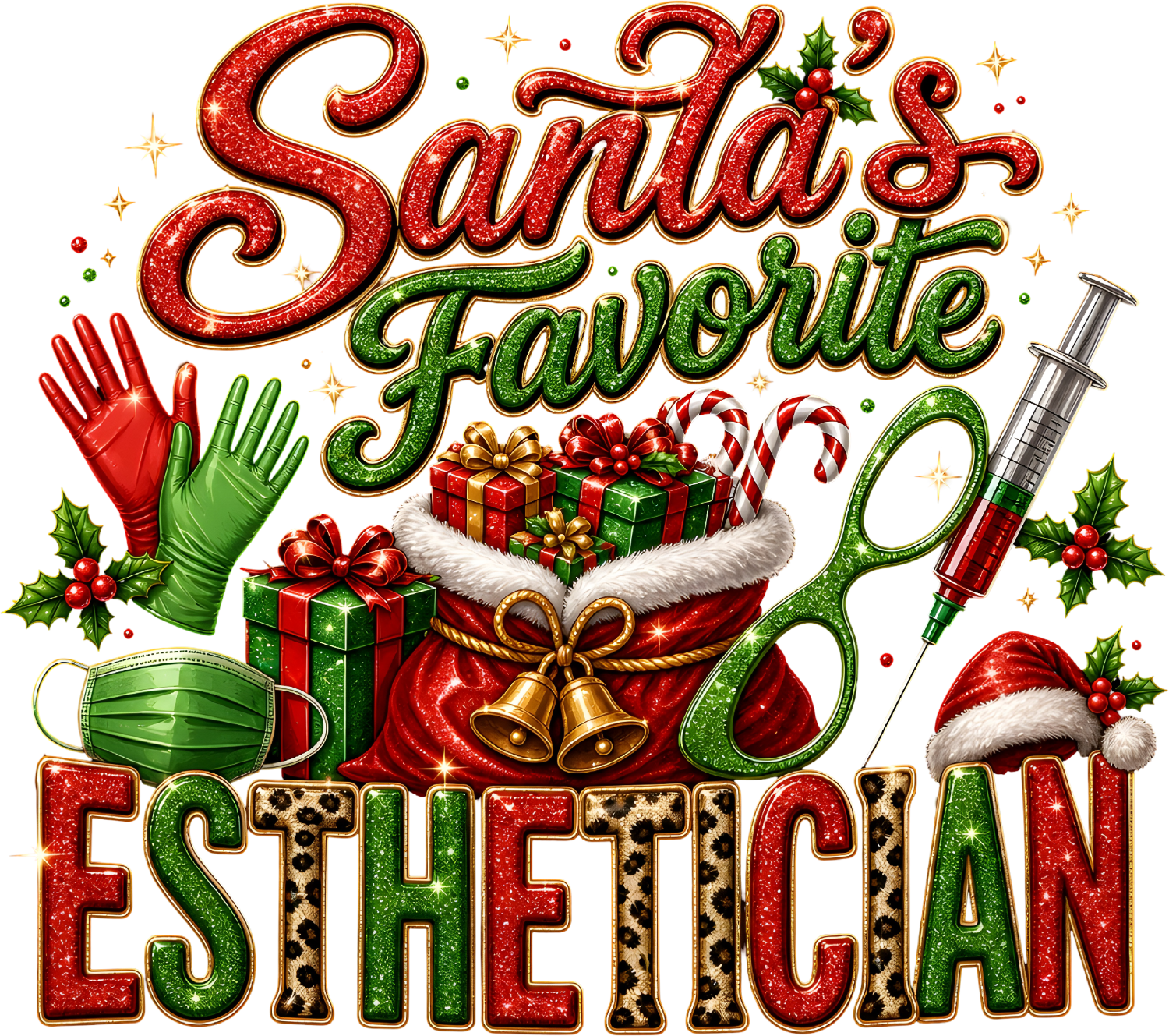 Santa's Favorite Esthetician design with red and green glitter text, syringes, gifts, ready to press dtf transfer