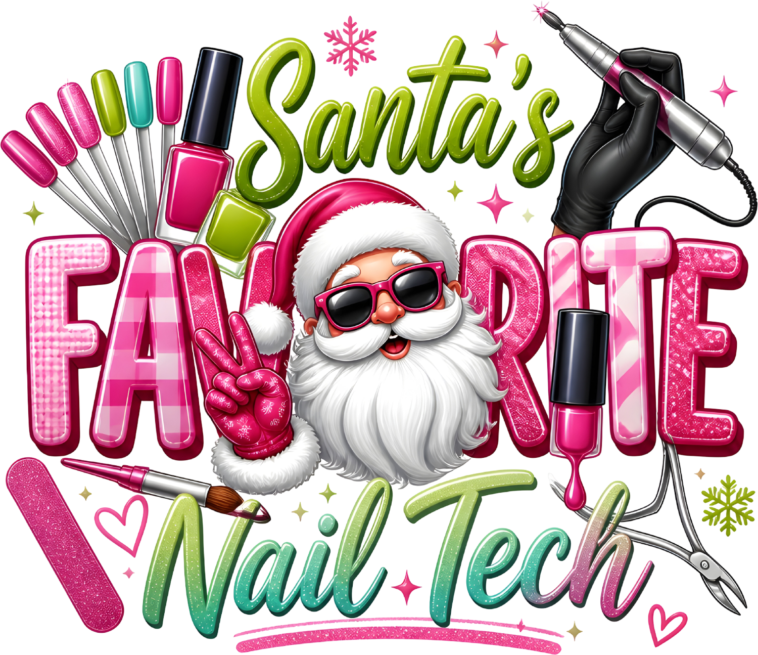 Cool Santa wearing sunglasses surrounded by colorful nail polish, files, and nail art tools - ready to press dtf transfer