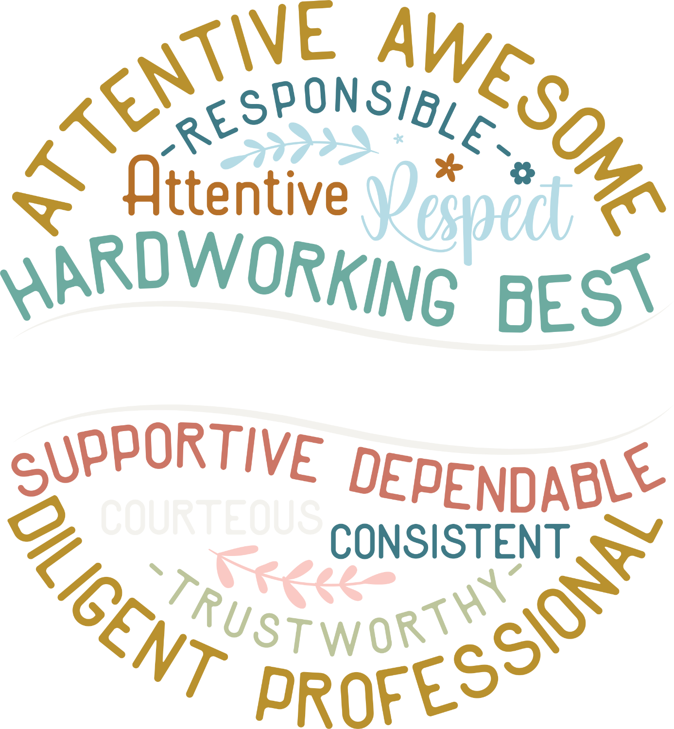 Colorful word cloud design with positive workplace values in gold, teal, and coral text—ready to press DTF transfer.